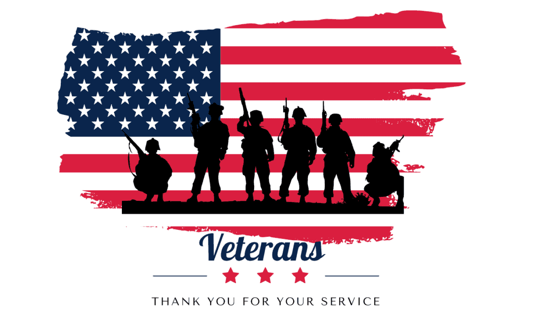 Silueta de personal militar parado en fila frente a una estilizada bandera estadounidense, con el texto "veteranos: gracias por su servicio" debajo, parte de una franquicia de ropa de marca.