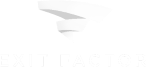 Logo of Exit Factor, featuring a stylized white arrow pointing to the right, positioned above the text "Exit Factor" in white capital letters.