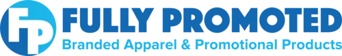 Logo for Fully Promoted, featuring the letters "FP" in white on a blue circle, with "Fully Promoted" and "Branded Apparel & Promotional Products" written in blue text.