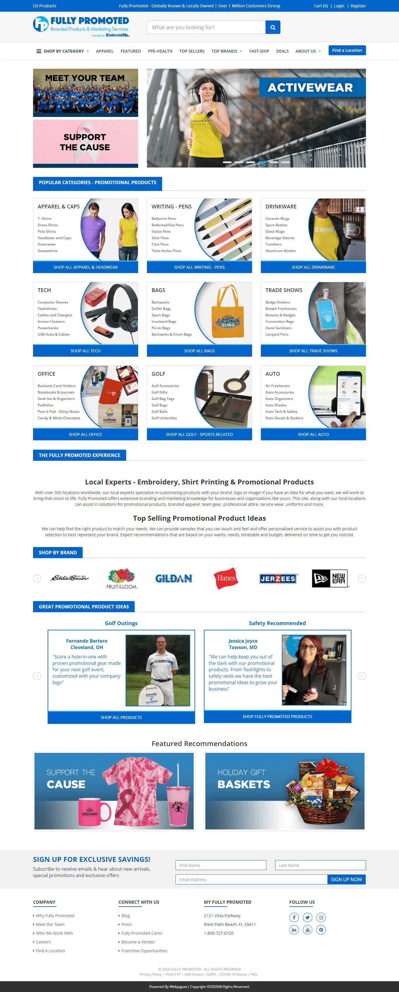 Screenshot of a promotional products website featuring categories such as apparel, writing tools, drinkware, tech, and bags. Highlights promotions, featured recommendations, and a sign-up form for exclusive savings.