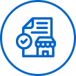 A blue circle containing an icon of a document with a checkmark and a storefront.