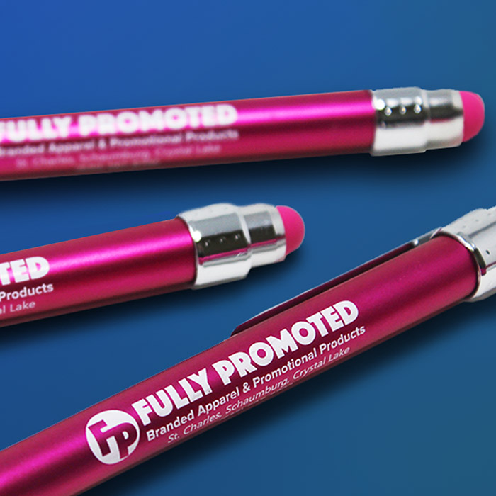 Three pink mechanical pencils with the branding "Fully Promoted" printed on them, arranged on a blue surface.