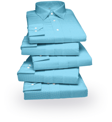 A stack of five neatly folded light blue dress shirts with buttoned collars and cuffs. The shirts are arranged in a vertical pile.