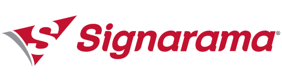 Signarama logo with a red stylized "S" inside a red and gray triangular shape, followed by the word "Signarama" in red text.