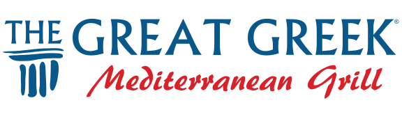 Logo of The Great Greek Mediterranean Grill with blue text for "The Great Greek" and red text for "Mediterranean Grill" next to a stylized blue column.