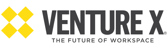 Logo of Venture X with a yellow diamond pattern on the left and the text "VENTURE X" and "THE FUTURE OF WORKSPACE" on the right.