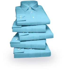 A stack of five neatly folded turquoise dress shirts on a gray surface.