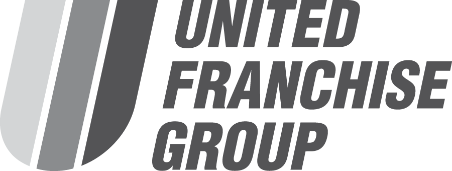 Logo of United Franchise Group featuring stylized letters and three vertical stripes.